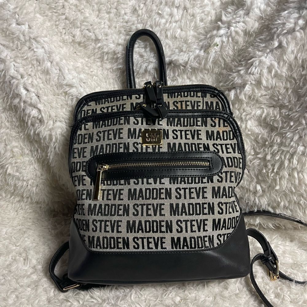 Steve Madden canvas black &white logo small backpack  black faux leather trims